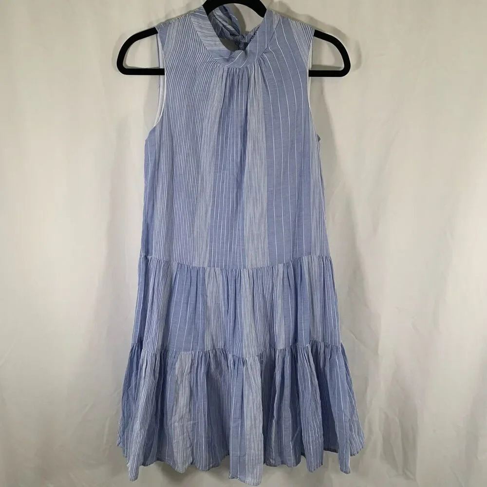Calvin Klein Mini Dress Women's 8 Blue Striped Sleeveless High Neck Tiered